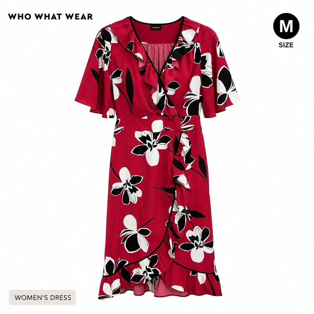 Who What Wear Floral Wrap Dress Women M Red Black Short Sleeve Midi Elegant Chic